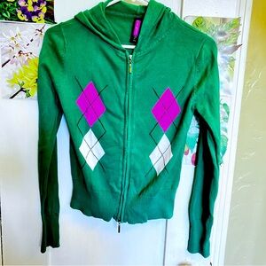 SAYWHAT? Green zipper front hoodie argyle sweater size M